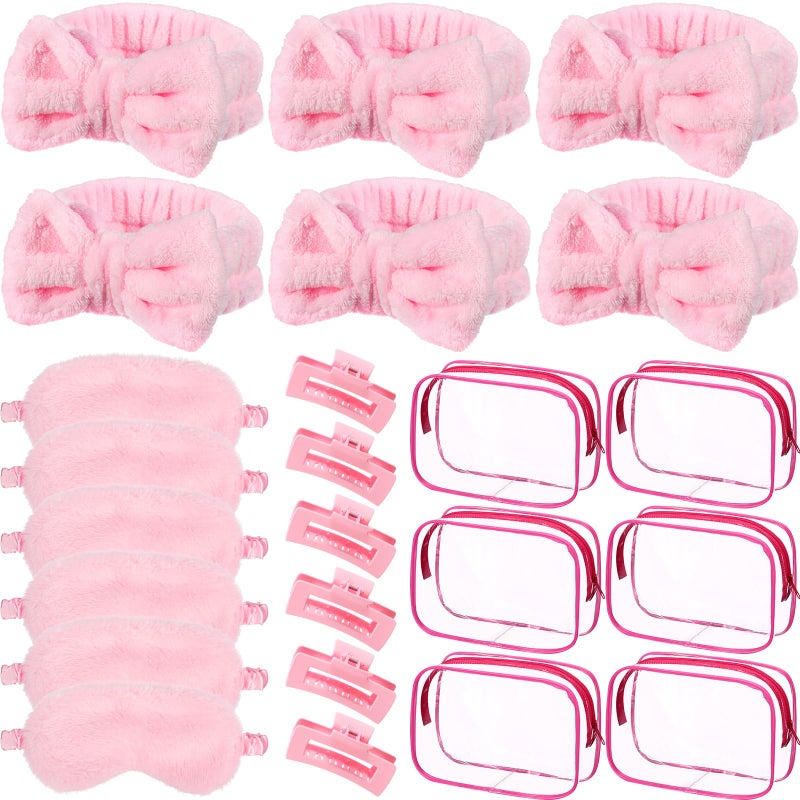 Hoteam 24 Pcs Pink Party Favors Sleep over Party Favors 6 Spa Headband 6 Plush Sleep Eye Mask 6 Pink Hair Claw Clips 6 Clear Cosmetic Bags for Slumber Party Spa Gift